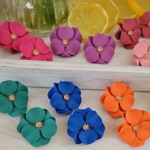 Colorful Floral Earrings Gold Flower Pink Purple Blue Teal Orange Tropical